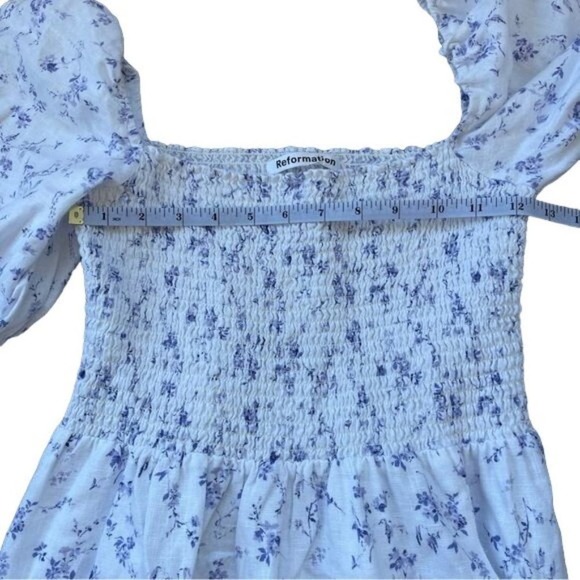 Reformation Midi Dress Smocked Puff Sleeves White Linen Floral Long Slit Medium - Picture 13 of 15